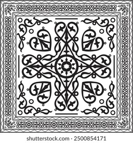 Vector monochrome black square Yakut ornament. An endless rectangular border, a frame of the northern peoples of the Far East.