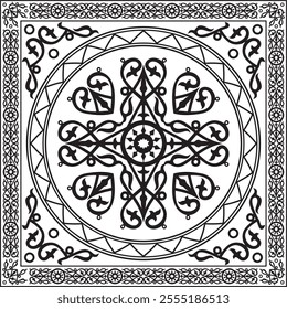 Vector monochrome black square Yakut ornament. An endless rectangular border, a frame of the northern peoples of the Far East.