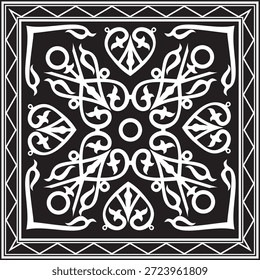 Ornamento Yakut quadrado preto monocromático vetorial. Uma interminável fronteira retangular, uma moldura dos povos do norte do Extremo Oriente.