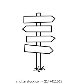 Conjunto de doodles dibujado a mano blanca y monocromática de un tablero de cartón de madera de una carretera con un espacio en blanco para el texto aislado sobre fondo blanco.
