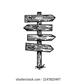 Vector monochrome black white hand drawn doodle bundle set of a road wooden timber sign post board with a blank space for text isolated on white background.