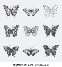 Vector Monochrome Black and White Hand Drawn Butterfly Icon Set Isolated on White Background. Butterflies Collection, Vintage Vector Design Elements of Butterfly Silhouettes