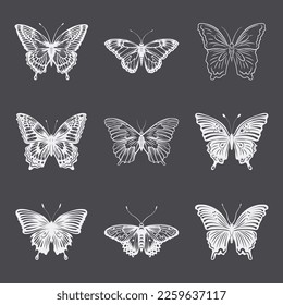 Vector Monochrome Black and White Hand Drawn Butterfly Icon Set Isolated on White Background. Butterflies Collection, Vintage Vector Design Elements of Butterfly Silhouettes