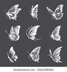 Vector Monochrome Black and White Hand Drawn Butterfly Icon Set Isolated on White Background. Butterflies Collection, Vintage Vector Design Elements of Butterfly Silhouettes