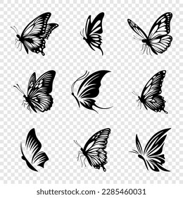 Vector Monochrome Black and White Hand Drawn Butterfly Icon Set Isolated. Butterflies Collection, Vintage Vector Design Elements of Butterfly Silhouettes