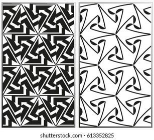 Vector monochrome black and white seamless patterns set, abstract geometric texture. Ornament for interior design. Repeating abstract background with chaotic strokes.