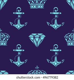 vector monochrome blue hand drawn engraving diamond anchor crown illustration on dark indigo solated background deco seamless pattern