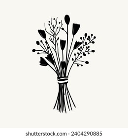 Ramo monocromo vectorial. La mano dibujó flores primaverales en negro. Esbozo de flores.