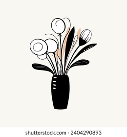 Vector monochrome bouquet. Hand drawn spring flowers in black. Flowers outline.