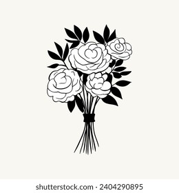 Vector monochrome bouquet. Hand drawn roses in black. Flowers outline.