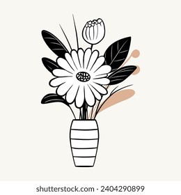 Vector monochrome bouquet. Hand drawn spring flowers in black. Flowers outline.