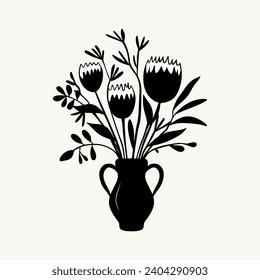 Ramo monocromo vectorial. La mano dibujó flores primaverales en negro. Esbozo de flores.
