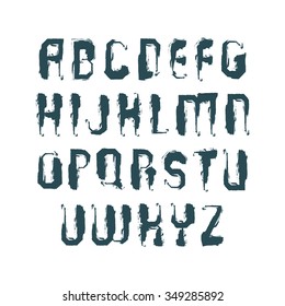 Vector monochrome brush uppercase letters, handwritten font, sans serif typeset on white background.