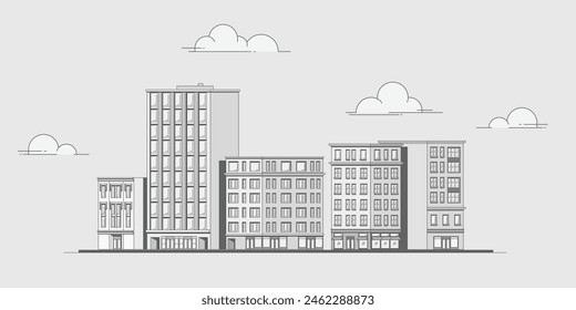 Línea de edificios monocromos de Vector