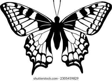 Vector monochrome butterfly Beautiful insect with big black wings. Drawing of a flying beetle.Suitable for sandblasting, laser and plotter cutting.
