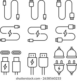 Vector Monochrome Cables and Charging Line Icon Set