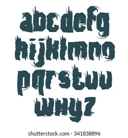 Vector monochrome calligraphic font, handwritten watercolor lowercase letters isolated on white, dirty creative typeface drawn with ink brush.