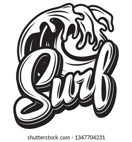 Vector monochrome calligraphic inscription surfing with wave.