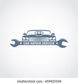 vector monochrome car service in retro style with a wrench and car body; garage sport cars repair and tuning label, transport  repair service icon