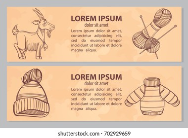 Vector monochrome card or banner, or coloring book with knitting, goat, wool, hat and sweater for child. Set for needlework. Illustration isolated on beige background with place for text