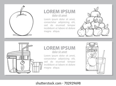 Vector monochrome card or banner, or coloring book with apple, juicer and package and glass with juice. Apple set. Illustration isolated on white background with place for text