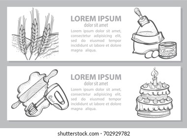 Vector monochrome card or banner, or coloring book with rye, bread and mixer. Cooking set. Illustration isolated on white background with place for text