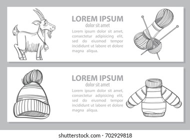 Vector monochrome card or banner, or coloring book with knitting, goat, wool, hat and sweater for child. Set for needlework. Illustration isolated on white background with place for text