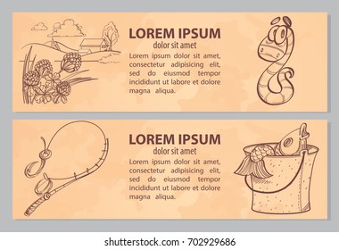 Vector monochrome card or coloring book with farm, warm and fishing. Illustration isolated on beige background with place for text