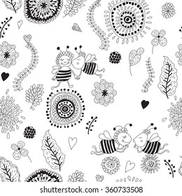 Vector monochrome cartoon seamless floral pattern with bees.