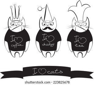 Vector monochrome cats dressed in T-shirts at the party