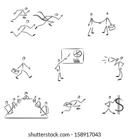 Vector monochrome character set with people. Business theme: chart, conversation, meeting, profit, cooperation, leadership, loudhailer/Set of symbolic business people 