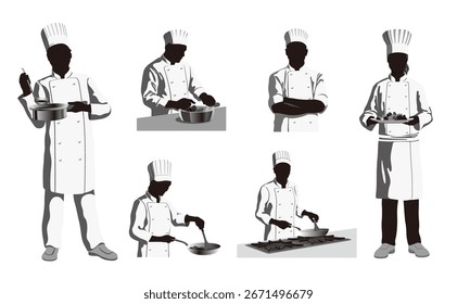Vector Monochrome Chef Illustration Set Isolated On A White Background.