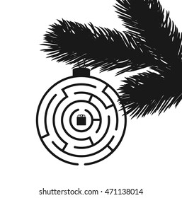 Vector monochrome christmas background with maze in shape of christmas ball with gift box in center