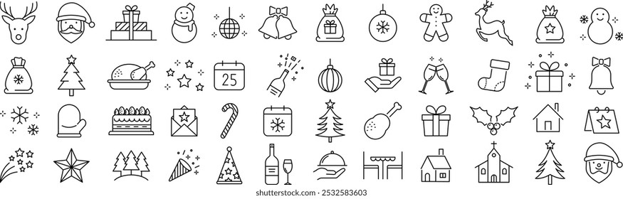 
Vector Monochrome Christmas Line Art Icon Set