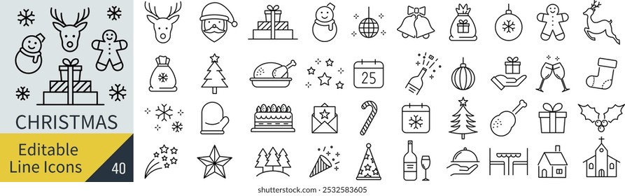 
Vector Monochrome Christmas Line Art Icon Set