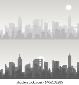 vector monochrome cityscape set, modern building silhouette