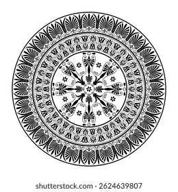 Placa de ornamento de porcelana redonda grega monocromática vetorial. Placa circular da Grécia Antiga, Império Romano. Pintura bizantina. Para decoração de palácio europeu, cerâmica, têxtil, bordados, placa