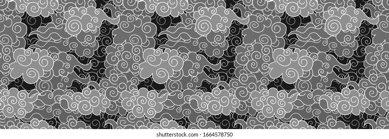 Vector monochrome clouds in the sky, seamless pattern, oriental decor, gray layers, 3D effect.