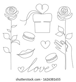 vector monochrome collection of St. Valentine's day attributes drawn in one line style. also can be used for other purposes. 