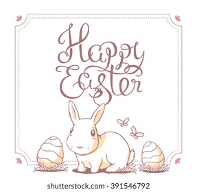 Vector monochrome color illustration of Happy Easter greetings with light bunny and eggs on white background. Line art design for web, site, banner, poster, card, paper print, postcard.