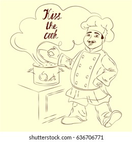 Vector monochrome coloring illustration with a smiling cook staying on kitchen, augmented with a positive sign. Special for art therapy publishing, cooking and professional themes, design element.