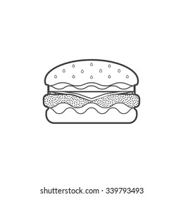 vector monochrome contour fast food hamburger with beef fresh lettuce onion tomato sesame seed cheese isolated black outline illustration on white background
