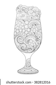 Vector Monochrome Contour Glass of Beer with Decorative Doodle Pattern. Original Design Element for Holiday Print Priducts - Octoberfest, Saint Patrick's Day