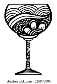 Vector Monochrome Contour Glass with Decorative Doodle Pattern