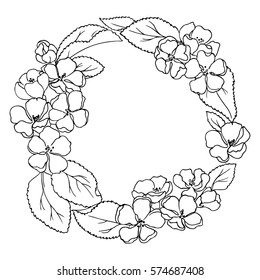vector monochrome contour illustration of apple flowers and leaves wreath on white