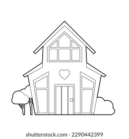 Vector monochrome contour illustration of a cute country house with bushes.  Rental and sale of housing. Outline picture of villatic building with panoramic windows and cute decorations.