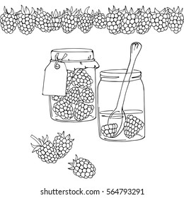 vector monochrome contour illustration of raspberry jam in jar