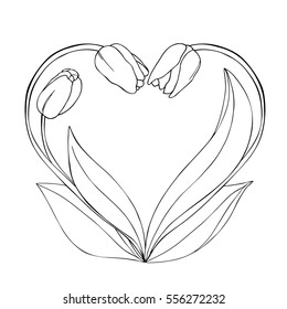 vector monochrome contour illustration of tulip  flower heart 