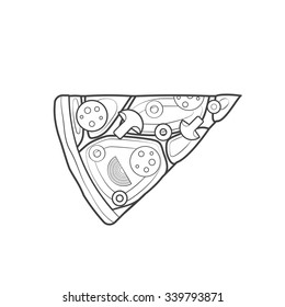 vector monochrome contour italian triangular piece of pizza tomato mushrooms pepperoni sausage olives onion cheese isolated black outline illustration on white background 
