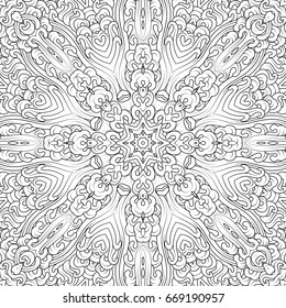 Vector monochrome contour mandala in tibetan iconography style, adult coloring page design.